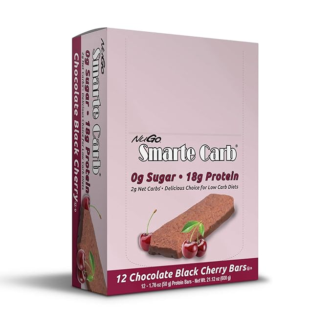 NuGo Smarte Carb Chocolate Black Cherry, 18g Protein, 0g Sugar, 2g Net Carbs, 150 Calorie, 12 Count