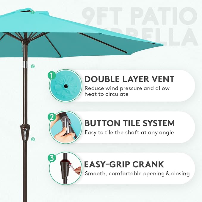 JEAREY 9FT Outdoor Patio Umbrella Outdoor Table Umbrella with Push Button Tilt and Crank, Market Umbrella 8 Sturdy Ribs UV Protection Waterproof for Garden, Deck, Backyard, Pool (Peacock Blue)