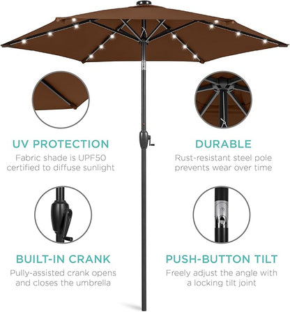 Best Choice Products 7.5ft Outdoor Solar Market Table Patio Umbrella for Deck, Pool w/Tilt, Crank, LED Lights - Brown