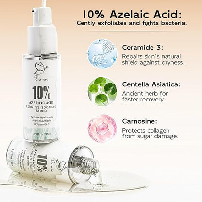10% Azelaic Acid Redness Soothing Serum, Hyaluronic Acid & Centella Asiatica, Facial Serum for Sensitive Skin Relief, Korean Skincare Barrier Repair & Hydration - 30ml/1.01 fl oz