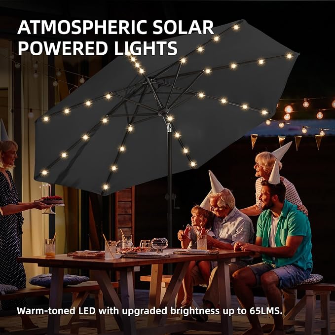 wikiwiki 9ft Solar Led Patio Umbrella, Sturdy Outdoor Market Umbrella for Deck, Pool, Garden w/Tilt, Crank, 32 LED Lights, Carbon Grey