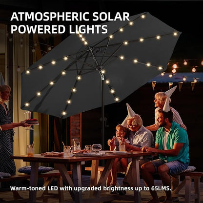 wikiwiki 9ft Solar Led Patio Umbrella, Sturdy Outdoor Market Umbrella for Deck, Pool, Garden w/Tilt, Crank, 32 LED Lights, Carbon Grey