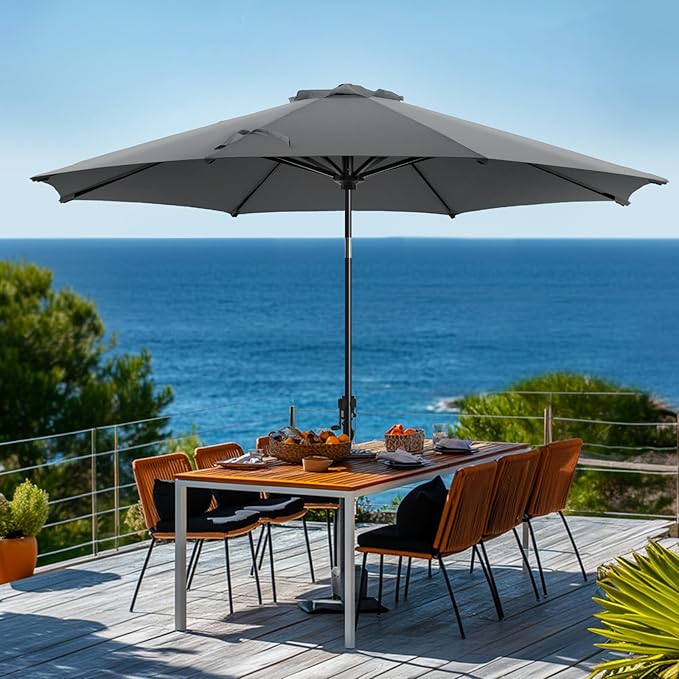 wikiwiki 9 FT Patio Umbrellas Outdoor Table Market Umbrella with Push Button Tilt/Crank, 8 Sturdy Ribs, Fade Resistant Waterproof POLYESTER DTY Canopy for Garden, Lawn, Backyard & Pool, Dark Gray