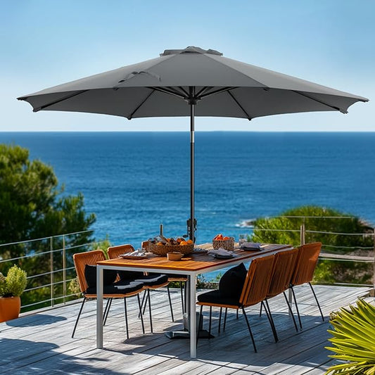 wikiwiki 9 FT Patio Umbrellas Outdoor Table Market Umbrella with Push Button Tilt/Crank, 8 Sturdy Ribs, Fade Resistant Waterproof POLYESTER DTY Canopy for Garden, Lawn, Backyard & Pool, Dark Gray