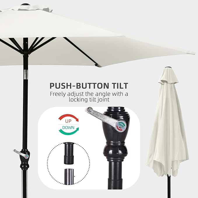 9FT Outdoor Patio Umbrella with Push Button Tilt and Crank, Beach Umbrella for Sun Shades, Market Umbrella with 6 Sturdy Metal Ribs, UV Resistant Waterproof for Garden, Backyard, Deck, Pool