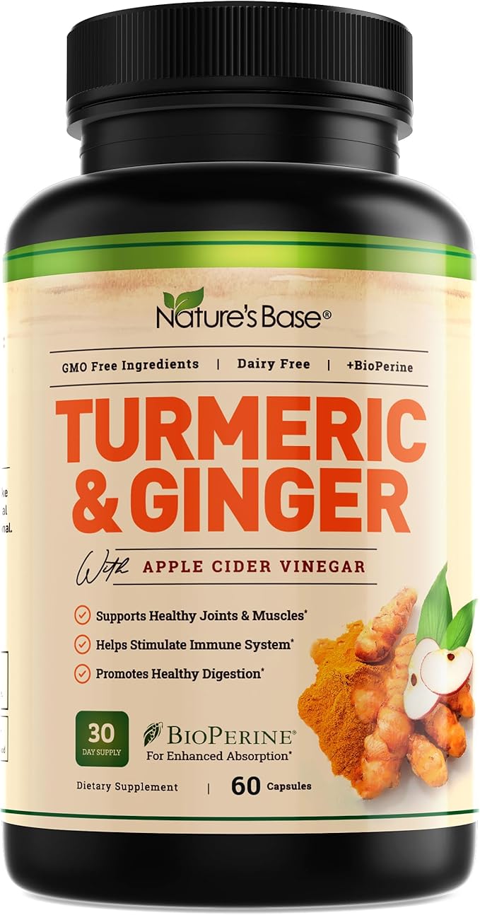 Nature's Base Turmeric Curcumin Supplement - with Ginger, Apple Cider Vinegar, & BioPerine Black Pepper Extract - 95% Curcuminoids - 60 Capsules