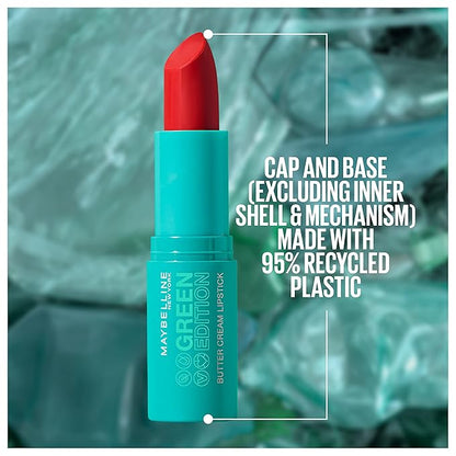 Maybelline Green Edition Butter Cream High-Pigment Bullet Lipstick, Rainforest, Bright Red, 0.12 oz
