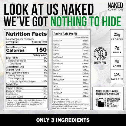 Naked Strawberry Whey Protein Powder, Only 3 Ingredients, 25g Grass Fed Whey Protein Powder, Aid Muscle Growth & Recovery - 24 Servings