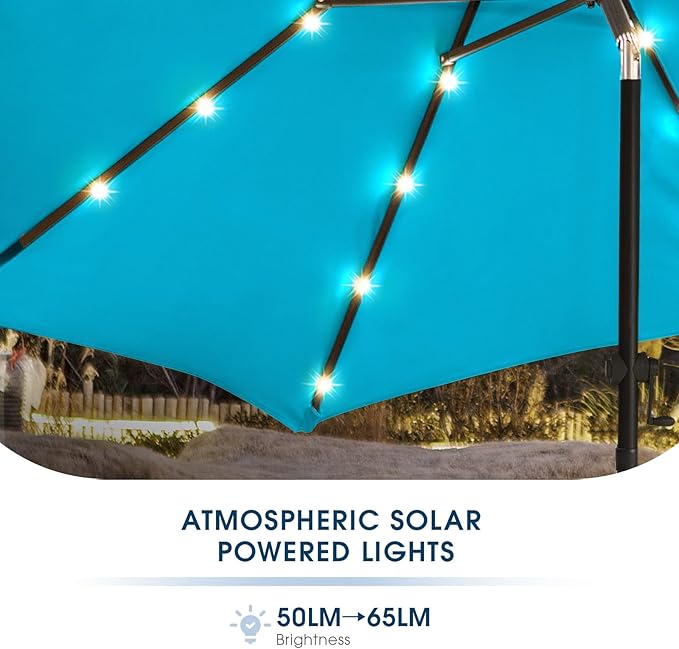 wikiwiki 7.5ft Solar Led Patio Umbrella, Sturdy Outdoor Market Umbrella for Deck, Pool, Garden w/Tilt, Crank, 18 LED Lights, Sky Blue