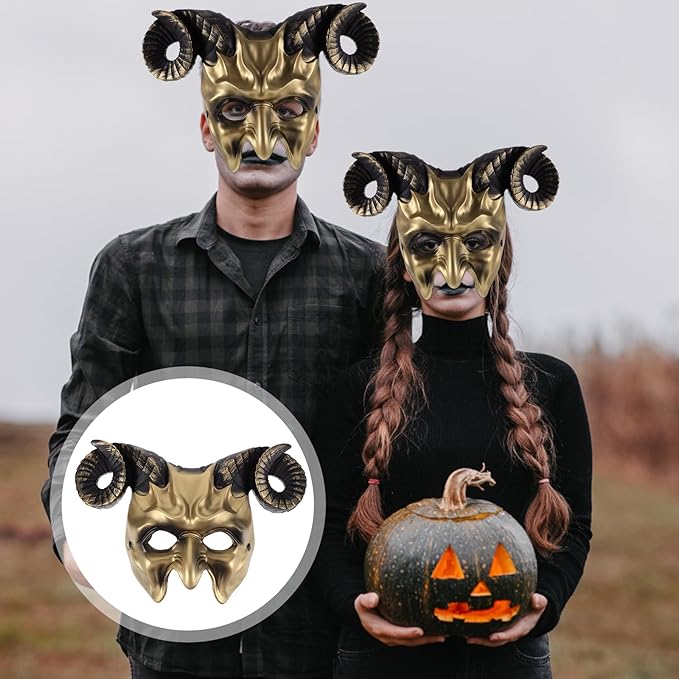 Gadpiparty Devil Goat Skull Mask Ox Ram Horns Monster Animal Half Face Halloween Masquerade Mask Cosplay Props for Adults