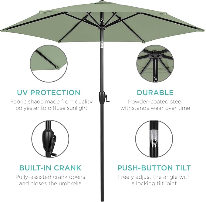 Best Choice Products 7.5ft Heavy-Duty Round Outdoor Market Table Patio Umbrella w/Steel Pole, Push Button Tilt, Easy Crank Lift - Sage Green