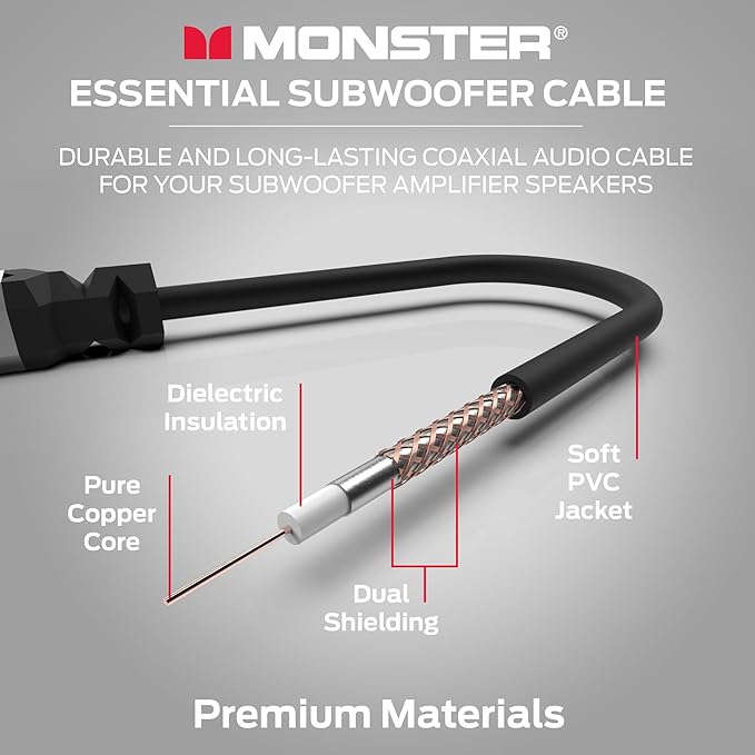Monster Essentials Premium Subwoofer Cable Connector for Home Theaters and Cars, RCA Subwoofer Audio Cable, 13.1ft