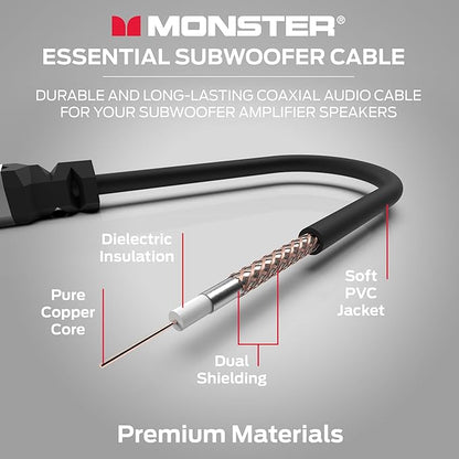 Monster Essentials Premium Subwoofer Cable Connector for Home Theaters and Cars, RCA Subwoofer Audio Cable, 13.1ft