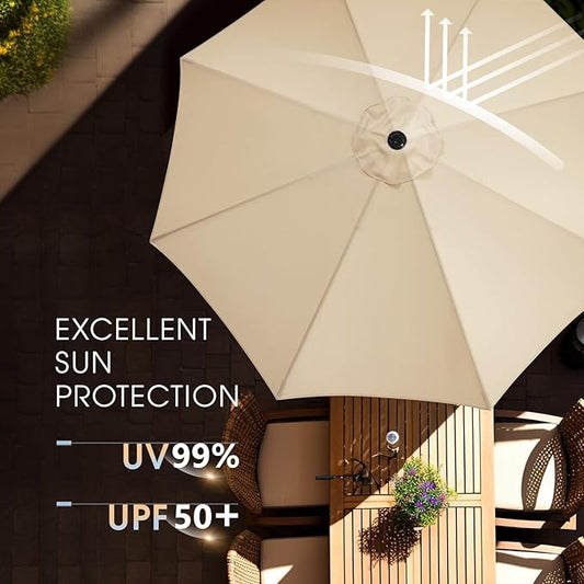 wikiwiki 9 FT Patio Umbrellas Outdoor Table Market Umbrella with Push Button Tilt/Crank, 8 Sturdy Ribs, Fade Resistant Waterproof POLYESTER DTY Canopy for Garden, Lawn, Backyard & Pool, Cream Beige
