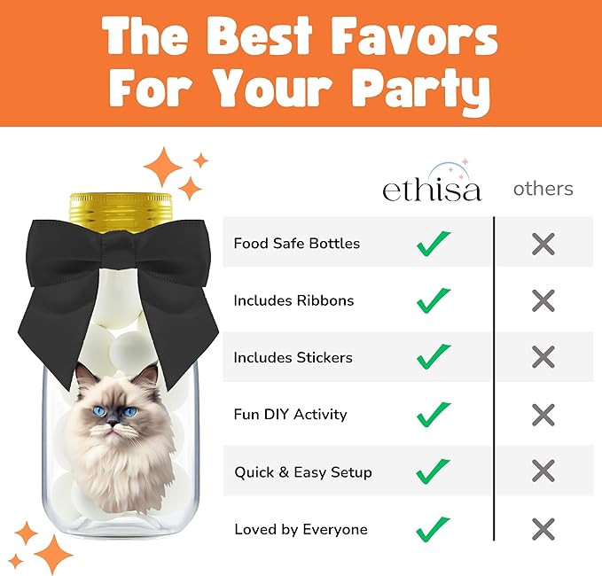 Small 12 Pack Cat Party Favors - DIY Candy Jars with Ribbons and Stickers - Kitty Decoration Bottles for Birthday and School Classroom Kids - Kawaii Treat Table Centerpiece for Boys and Girls