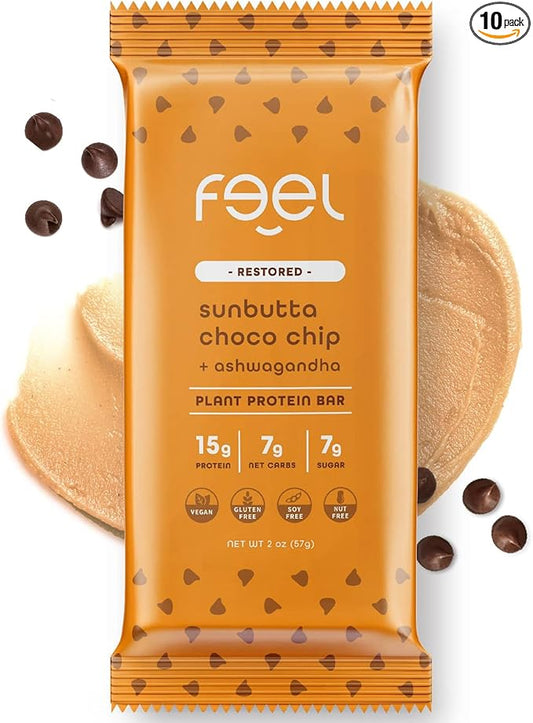 Feel Vegan Protein Bars | Sunbutta Chocolate Chip | Keto | Gluten Free | Organic | Ashwagandha | 15g Plant Protein | Low Carb | High Protein | Dairy Free | Low Sugar | Grain Free | Nut Free | Soy Free | Non GMO - (Sunbutta Choco Chip, 10 Pack)