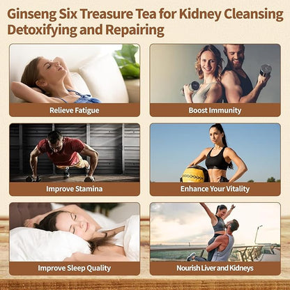 Kidney Tea Formula Ginseng Six Treasure Tea - Natural Chinese Traditional Herbal Ginseng Five Treasures Kidney Detox Cleanse Teabag For Men Women (30 Bags/1 Pack)