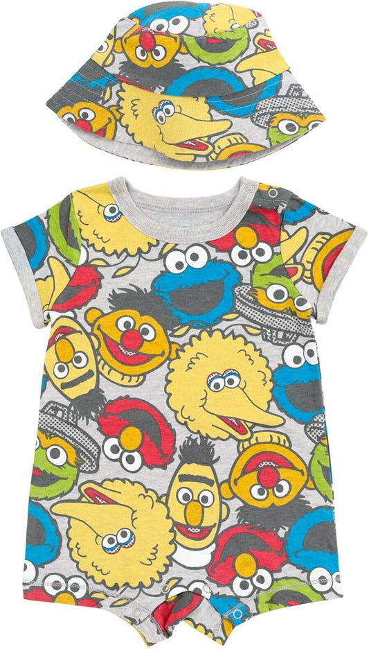 Sesame Street Elmo Cookie Monster Big Bird Romper and Bucket Sun Hat Newborn to Toddler