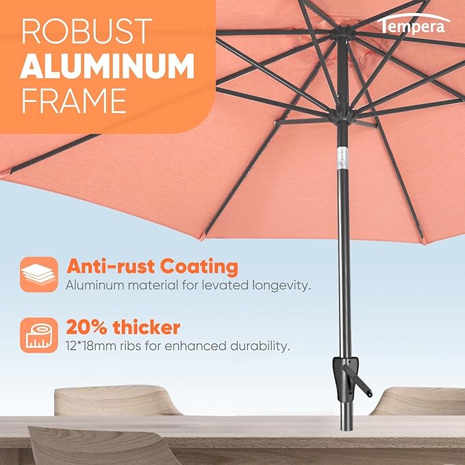 Tempera Patio Market Outdoor Table Umbrella with Push Button Tilt and Crank,Large Sun Umbrella with Sturdy Pole&Fade resistant canopy,Easy to set