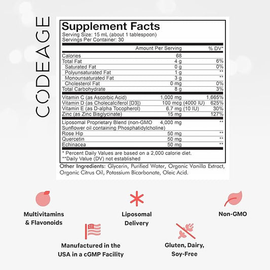 Codeage Liquid Vitamin C 1000mg, Vitamins D3, E & Zinc, Rose HIPS, Quercetin, Echinacea, Vegan Liposomal Vitamin C Supplement, Non-GMO - 15.22 fl oz