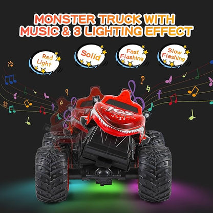 DYODYORC Remote Control Car, 2.4Ghz All Terrain Shark Monster Truck Toys, RC Truck with Music, 3 Lighting Effects, 360 Stunt Capable, All Included Ready to Run, Toy Gifts for Boys and Girls (Red)