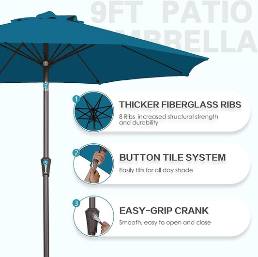PatioKingdom 9FT Patio Outdoor Umbrella-UPF 50+ Sun Shade with Wind Vent, Push-Button Tilt & Smooth Crank Lift, Rust-Resistant Fiberglass Frame for Garden, Backyard,Yard