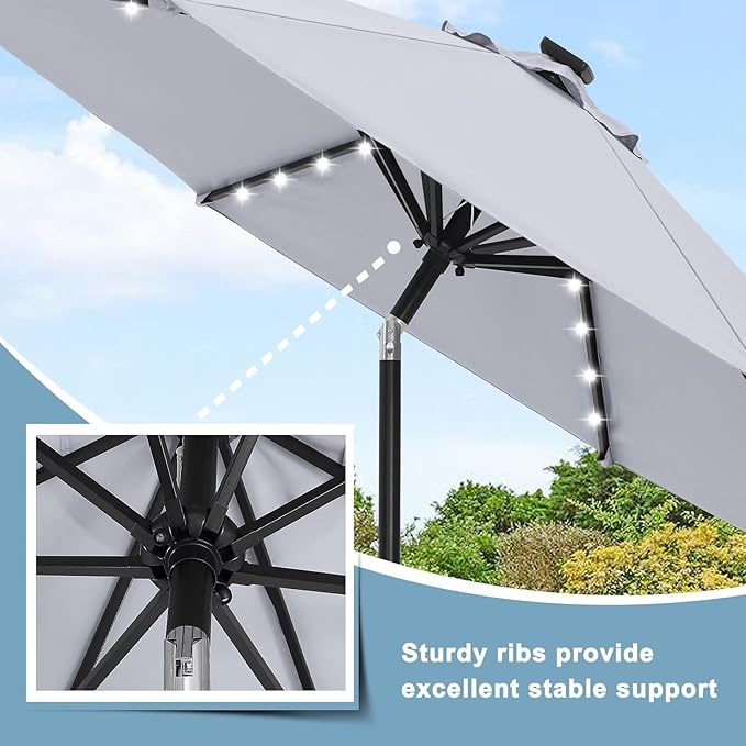 ABCCANOPY Durable Solar Led Patio Umbrellas with 32LED Lights 9FT (Light Gray)