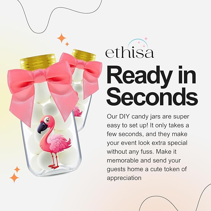 Small 12 Pack Flamingo Party Favors - DIY Candy Jars with Ribbons and Stickers - Party Decoration Bottles for Birthday, Baby Shower and Bachelorette - Pink Table Centerpiece for Kids and Adults