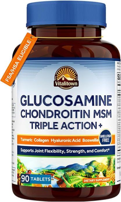 Vitalitown Glucosamine Chondroitin MSM | Collagen, Boswellia, Turmeric, Hyaluronic Acid, Bromelain | Triple Action+ Joint Formula | 12 Joint-Loving Ingredients | 90 Tablets, No Shellfish