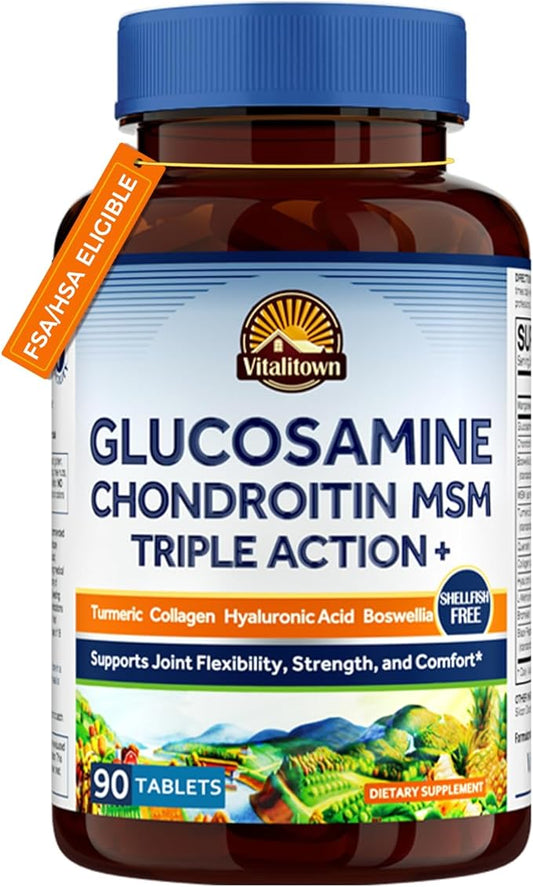 Vitalitown Glucosamine Chondroitin MSM | Collagen, Boswellia, Turmeric, Hyaluronic Acid, Bromelain | Triple Action+ Joint Formula | 12 Joint-Loving Ingredients | 90 Tablets, No Shellfish