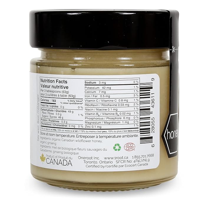 ONEROOT Organic Ginseng Infused Honey 300g (10.6oz) - Infusion of 100% Organic Northern Wildflower Raw Honey and Organic Ontario Ginseng