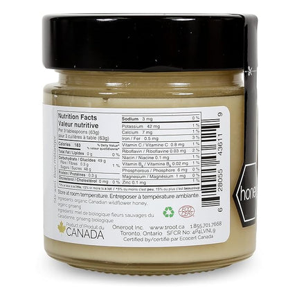 ONEROOT Organic Ginseng Infused Honey 300g (10.6oz) - Infusion of 100% Organic Northern Wildflower Raw Honey and Organic Ontario Ginseng