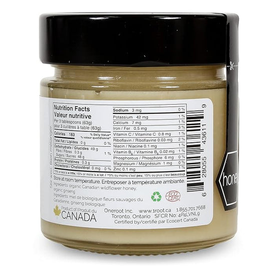 ONEROOT Organic Ginseng Infused Honey 300g (10.6oz) - Infusion of 100% Organic Northern Wildflower Raw Honey and Organic Ontario Ginseng