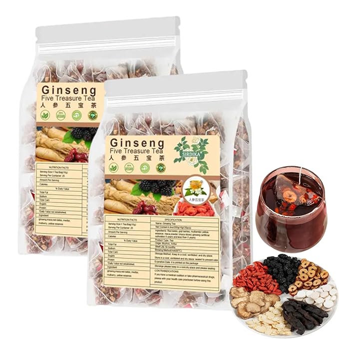 Te Renal Herbal,Ginseng Five Treasure Tea,Te Renal Herbal Para RiñOnes,Ginseng Kidney Tea Wubao Tea,Organic Kidney Cleanse Chinese Herbal Red Ginseng Tea For Men Women (2Bag(50pcs))