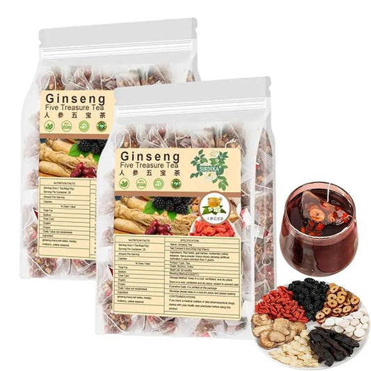 Te Renal Herbal,Ginseng Five Treasure Tea,Te Renal Herbal Para RiñOnes,Ginseng Kidney Tea Wubao Tea,Organic Kidney Cleanse Chinese Herbal Red Ginseng Tea For Men Women (2Bag(50pcs))