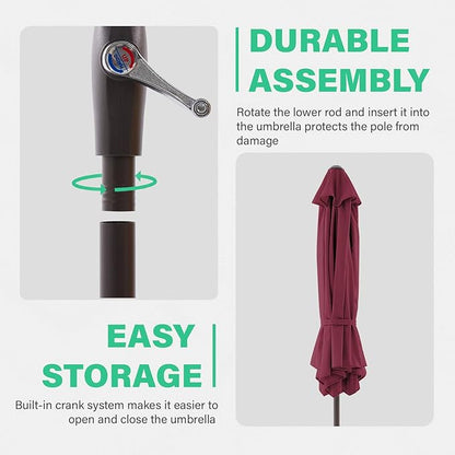 JEAREY 7.5FT Patio Umbrella Market Table Umbrella with 6 Sturdy Ribs, Push Button Tilt/Crank Outdoor Umbrella for Garden, Deck, Backyard, Pool and Beach,Burgundy