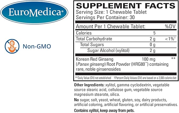 Euromedica Red Ginseng Energy - Supplement to Support Healthy Energy & Focus - Herbal Supplement with Korean Red Ginseng Root Powder - Vegan Tablets to Aid Healthy Endurance - 30 Chewable Tablets