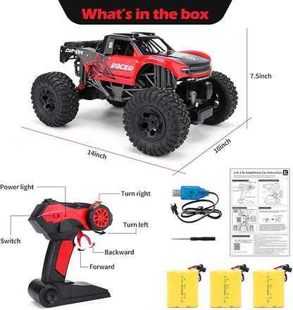 RC Trucks 4x4 Offroad Waterproof - 1:12 Scale Large Amphibious Remote Control Car, Dual Motors Crawler Vehicle, Monster Toys with 3 Rechargeable Batteries, Best Gift for Kids Adults