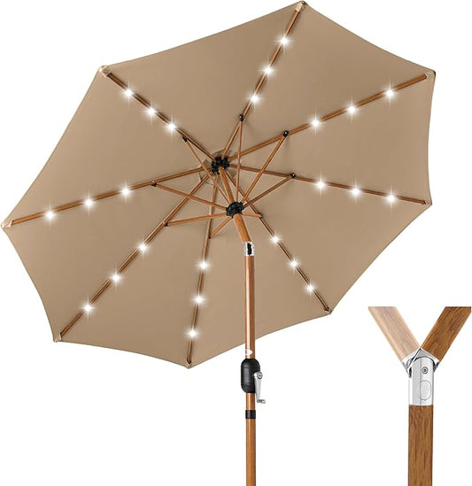 Best Choice Products 10ft Solar Market Patio Umbrella w/Woodgrain Pattern Pole, LED Lights, Tilt & Crank – Outdoor Sun Shade for Backyard Table, Deck, Poolside – Tan