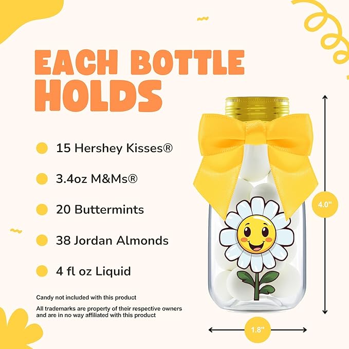 Small 12 Pack Daisy Party Favors - DIY Candy Jars with Ribbons and Stickers - Party Decoration Bottles for Birthday, School Classroom and Baby Shower - Flower Table Centerpiece Gifts for Kids