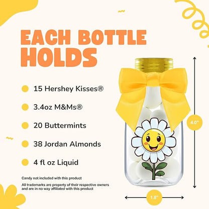 Small 12 Pack Daisy Party Favors - DIY Candy Jars with Ribbons and Stickers - Party Decoration Bottles for Birthday, School Classroom and Baby Shower - Flower Table Centerpiece Gifts for Kids