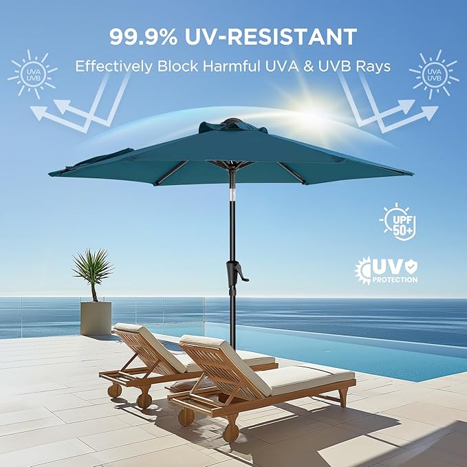 7.5ft Outdoor Patio Umbrella - Market Table Pool Deck Umbrella UPF50+ UV Protection with Push Button Tilt, Crank and 6 Sturdy Ribs (Peacock Blue, No base)