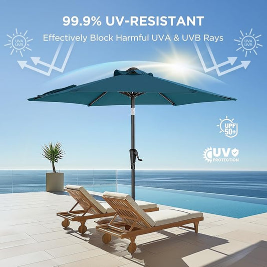 7.5ft Outdoor Patio Umbrella - Market Table Pool Deck Umbrella UPF50+ UV Protection with Push Button Tilt, Crank and 6 Sturdy Ribs (Peacock Blue, No base)
