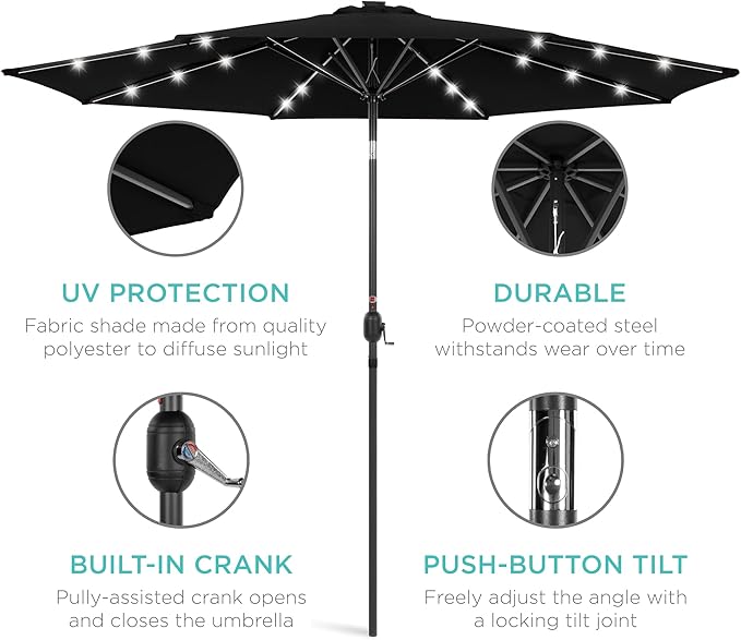 Best Choice Products 10ft Solar Polyester LED Lighted Patio Umbrella w/Tilt Adjustment and UV-Resistant Fabric - Black