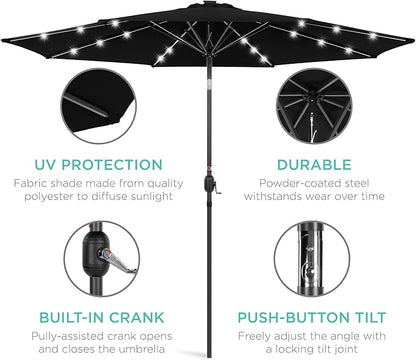 Best Choice Products 10ft Solar Polyester LED Lighted Patio Umbrella w/Tilt Adjustment and UV-Resistant Fabric - Black