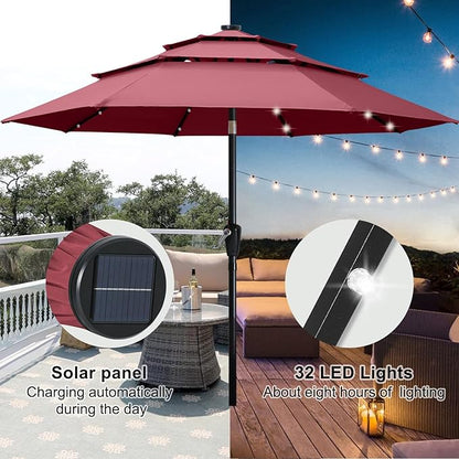 ABCCANOPY 3 Tiers 11FT Solar Led Lighted Patio Umbrellas (Burgundy)