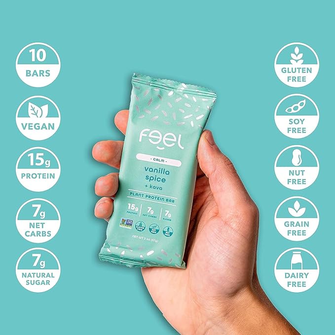Feel Vegan Protein Bars | Vanilla Spice | Keto | Gluten Free | Organic | Kava | 15g Protein | Low Carb | Dairy Free | Grain Free | Soy Free | Nut Free | Low Sugar | Non GMO - 10 Pack