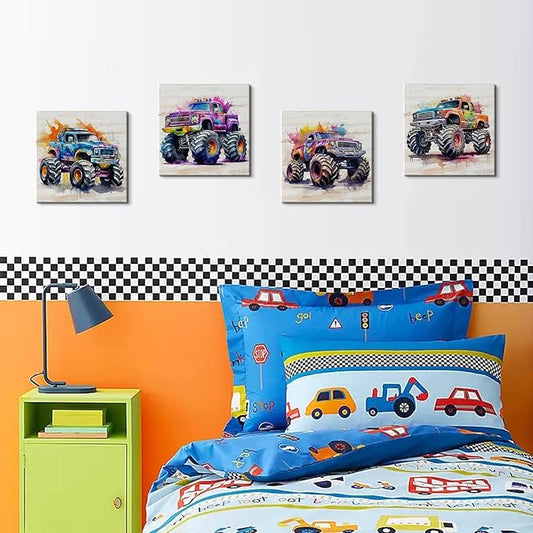 Rustic Monster Truck Room Decor for Boys Kids Bedroom Hot Wheels Wall Art Colorful Car Posters Vehicle Pictures Canvas Prints Modern Artwork Playroom School Home Decoration Children Gifts 12×12" 4 Pcs