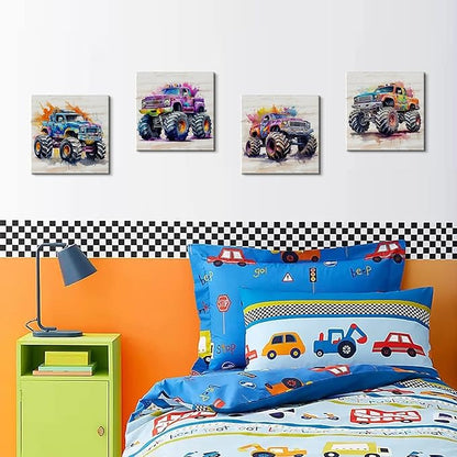 Rustic Monster Truck Room Decor for Boys Kids Bedroom Hot Wheels Wall Art Colorful Car Posters Vehicle Pictures Canvas Prints Modern Artwork Playroom School Home Decoration Children Gifts 12×12" 4 Pcs