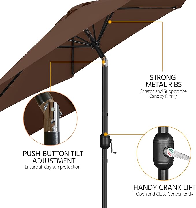 Yaheetech Patio Umbrella, 9FT Outdoor Table Market Umbrella with Push Button Tilt and Crank, Yard Sun Shade with Sturdy Ribs for Garden, Deck, Backyard, Pool, Brown